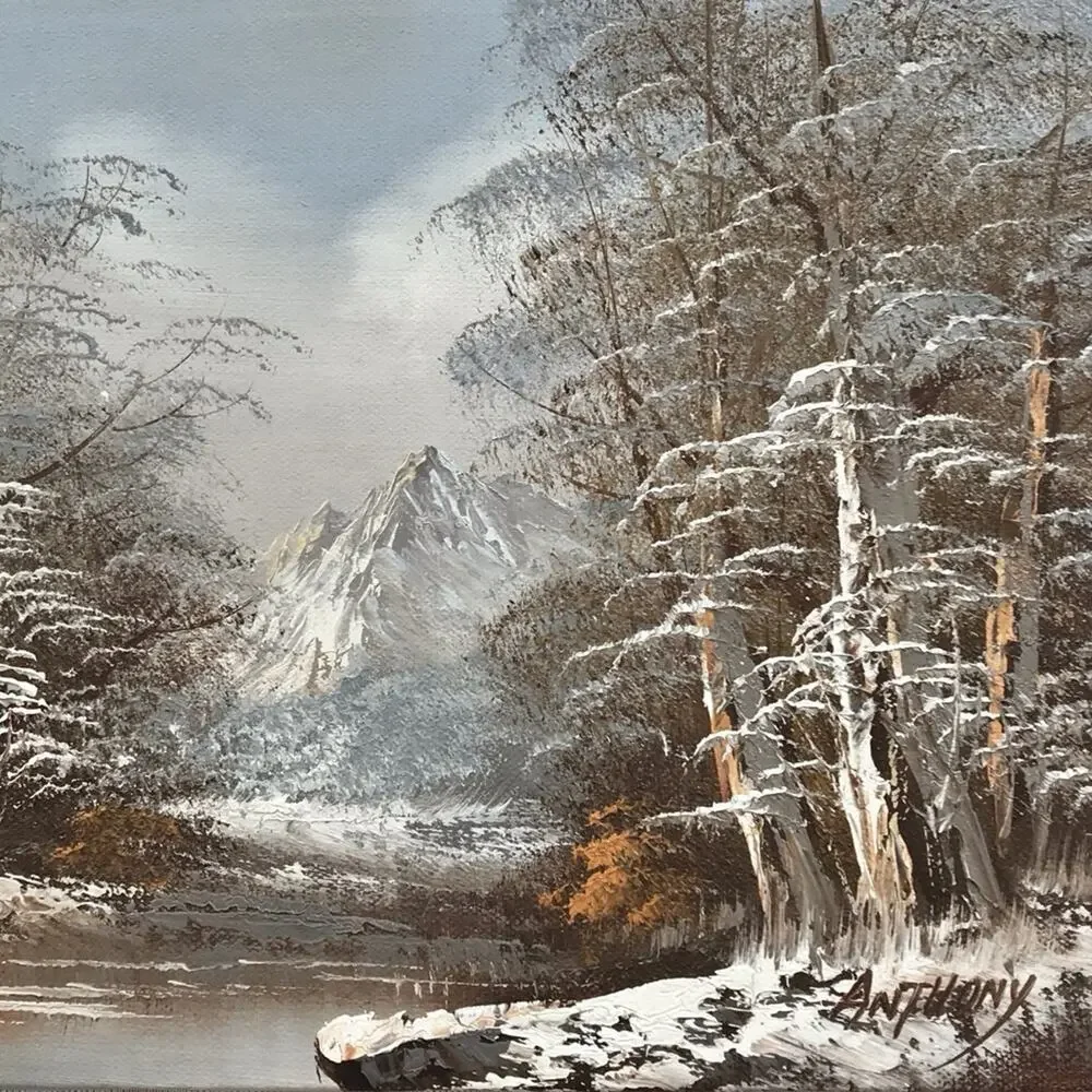 Hand Painted Painting Winter Mountain Snow Landscape Signed Impasto Blue White